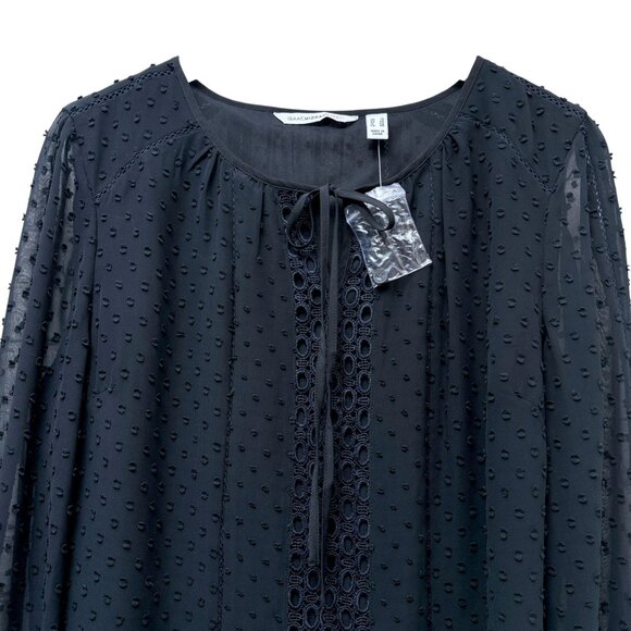 Isaac Mizrahi Live Black Blouse Size 14 Swiss Dot Chiffon Peasant Top NEW - Picture 2 of 11